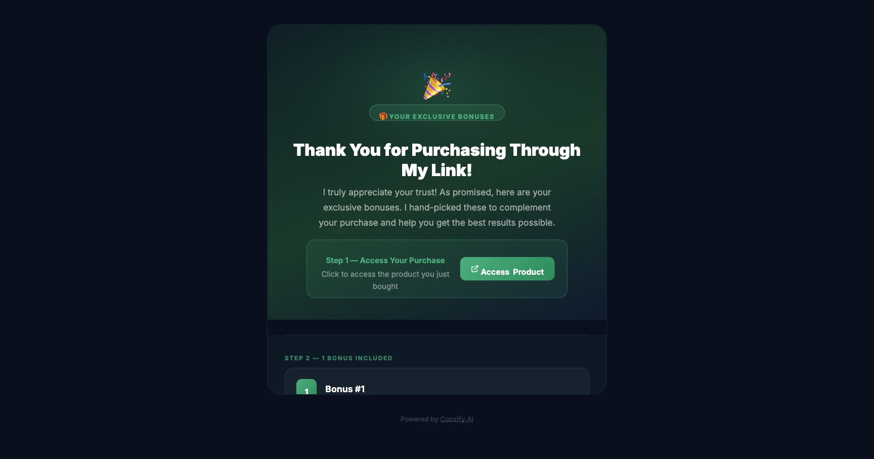 Delivery / Thank-You Pages — real result inside Conzify